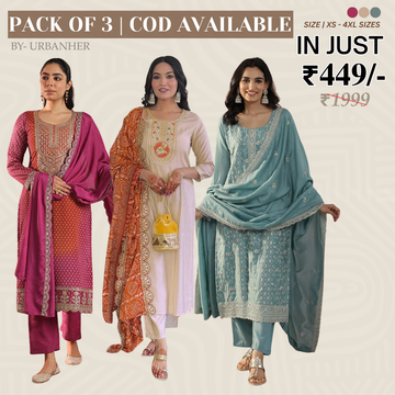 Pack of 3 | Elegant Silk Suit Set for Women | Festive & Party Wear | SS-06