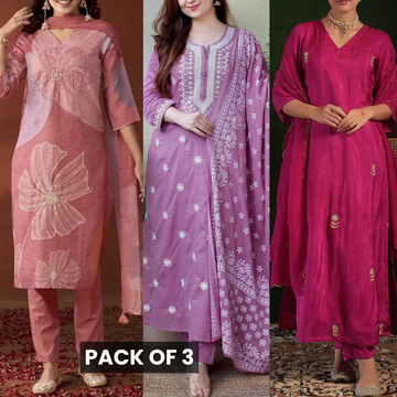 Elegant 3-Piece Women Kurti Set with Dupatta Combo Pack – Stylish, Comfortable & Versatile Ethnic Wear | KS-10