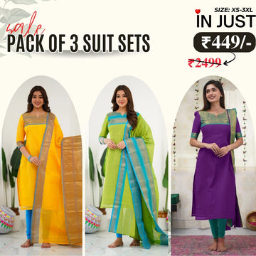 Vibrant Pack of 3 Silk Blend Suit Sets with Dupatta – Yellow, Green & Purple | Sizes XS–3XL | SS-01