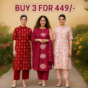3 Combo Soft Cotton Kurta with Stylish Printed Pants Set For Daily Wear | KSP-01