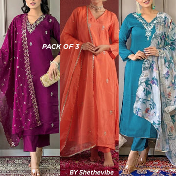 Elegant 3-Piece Women Kurti Set with Dupatta Combo Pack – Stylish, Comfortable & Versatile Ethnic Wear | KS-06