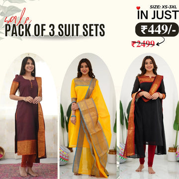 Vibrant Pack of 3 Silk Blend Suit Sets with Dupatta – Maroon, Yellow & Black | Sizes XS–3XL | SS-07