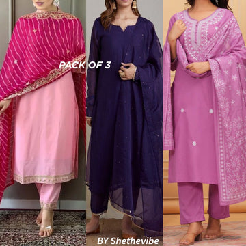 Elegant 3-Piece Women Kurti Set with Dupatta Combo Pack – Stylish, Comfortable & Versatile Ethnic Wear | KS-07