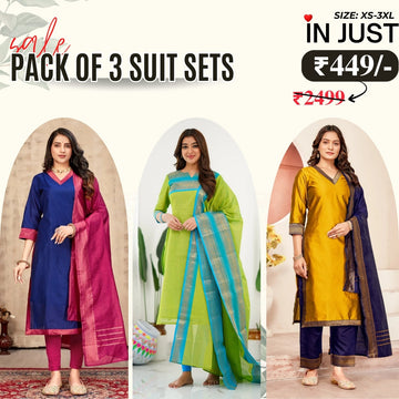Vibrant Pack of 3 Silk Blend Suit Sets with Dupatta – Navy Blue, Lime Green & Mustard Yellow | Sizes XS–3XL | SS-08