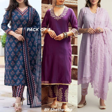 Elegant 3-Piece Women Kurti Set with Dupatta Combo Pack – Stylish, Comfortable & Versatile Ethnic Wear | KS-09