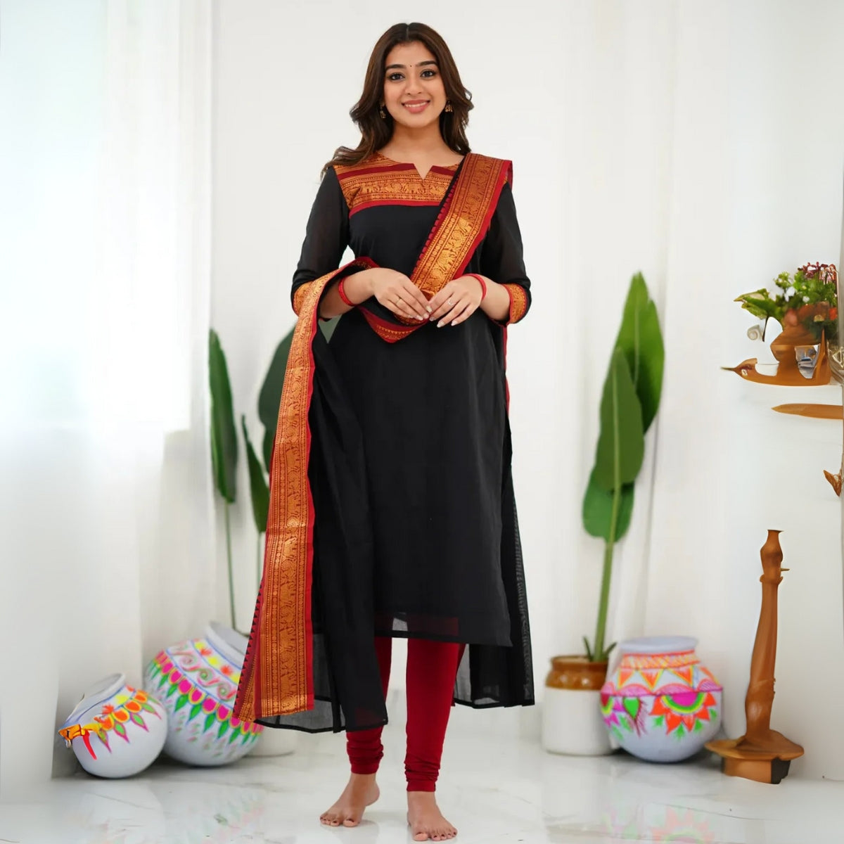 Vibrant Pack of 3 Silk Blend Suit Sets with Dupatta – Maroon, Yellow & Black | Sizes XS–3XL |  SS-07
