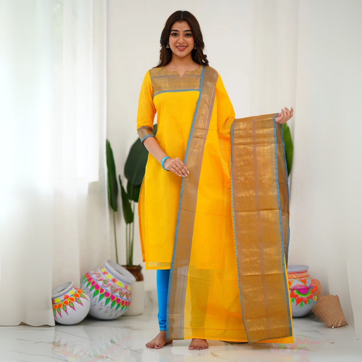 Vibrant Pack of 3 Silk Blend Suit Sets with Dupatta – Yellow, Green & Purple | Sizes XS–3XL |  SS-01