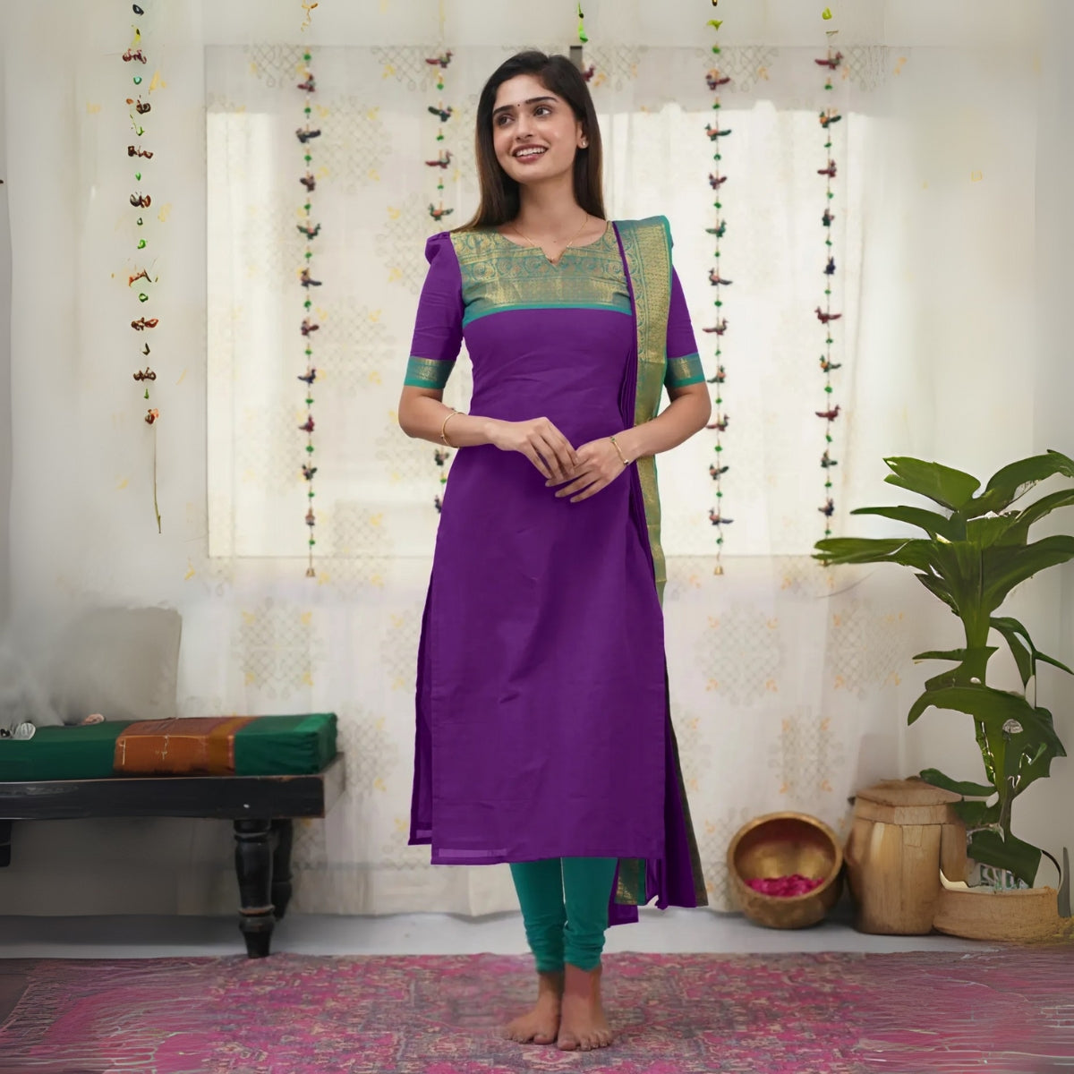Vibrant Pack of 3 Silk Blend Suit Sets with Dupatta – Yellow, Green & Purple | Sizes XS–3XL |  SS-01