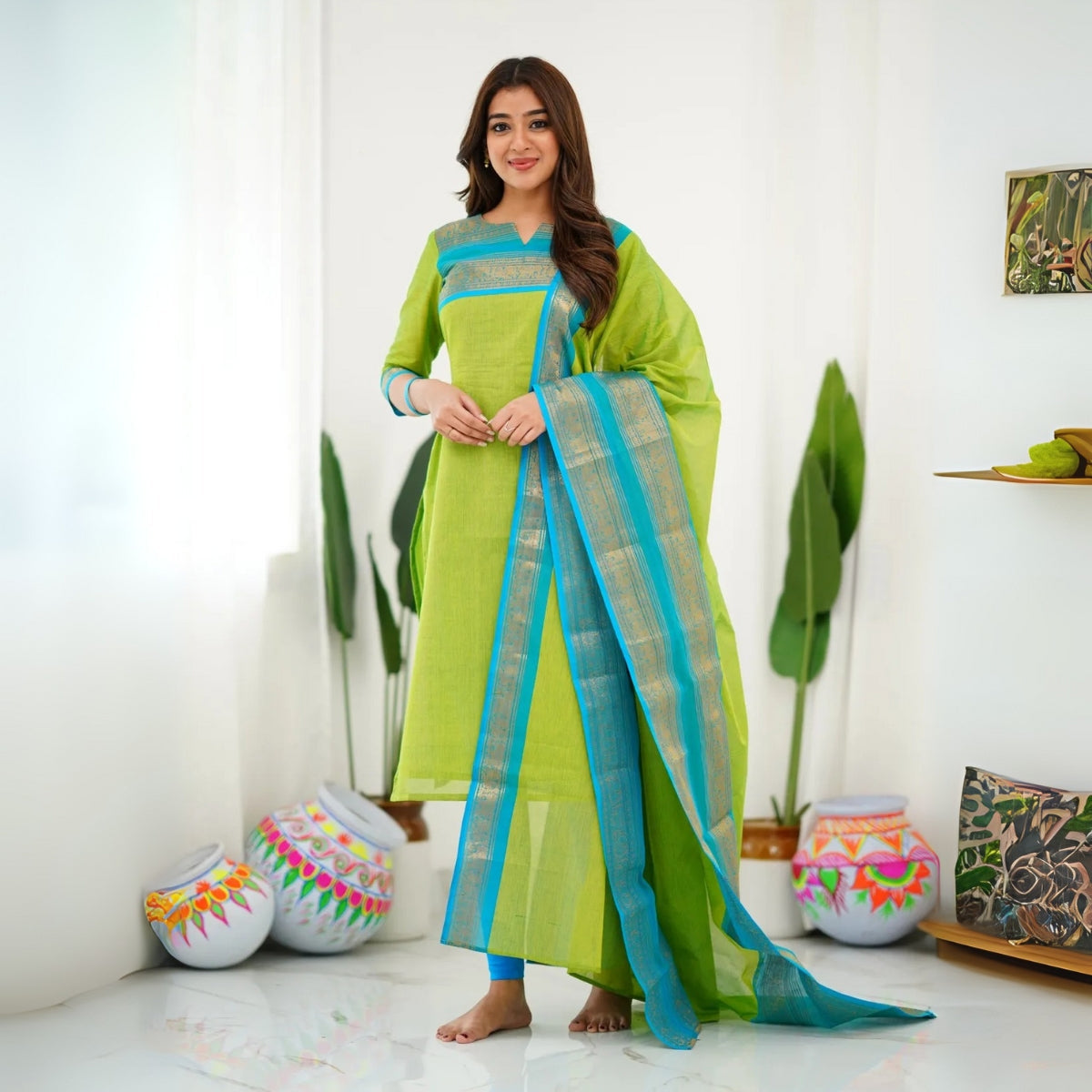 Vibrant Pack of 3 Silk Blend Suit Sets with Dupatta – Yellow, Green & Purple | Sizes XS–3XL |  SS-01