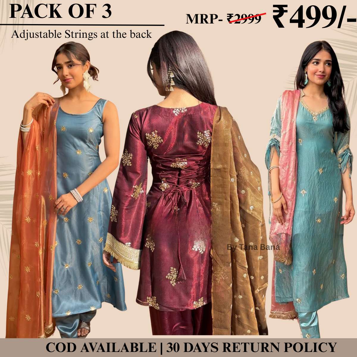 Embrace Elegance with Our 3-Piece Adjustable Kurti, Pant & Dupatta Set | PACK OF 3 | AK-01