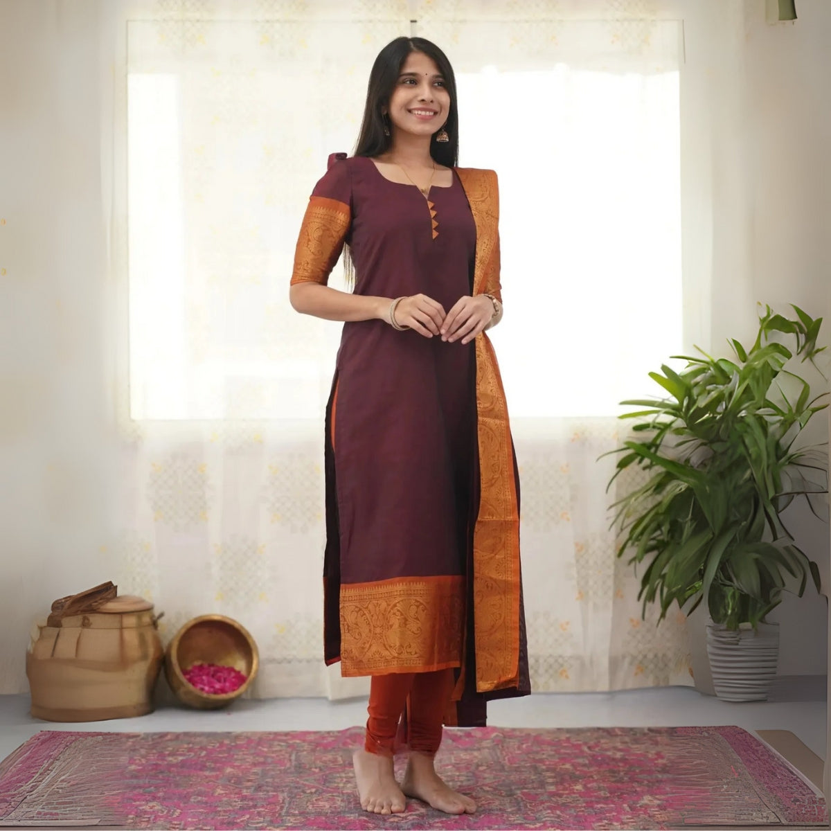 Vibrant Pack of 3 Silk Blend Suit Sets with Dupatta – Maroon, Yellow & Black | Sizes XS–3XL |  SS-07